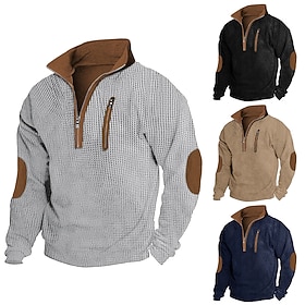 Men's T Shirt Waffle Knit Tee Tee Top Long Sleeve Shirt Long Sleeve Quarter Zip Spring   Fall Color Block Fashion Designer Basic Patchwork Zipper Vacation Stre