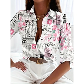Women's Shirt Linen Like Breathable Lightweight Button Down Tunic Shirt Collar Long Sleeve Letter Casual Regular Tops Work Daily s Print White Spring Fall Wint