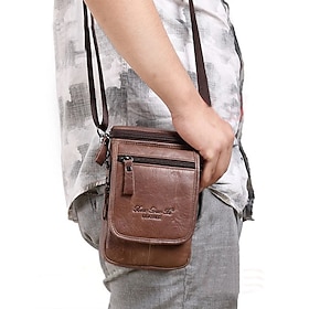 Vintage Brown Leather Crossbody Bag for Men  Compact Shoulder Bag with Zippered Compartments and Adjustable Strap for Everyday Use