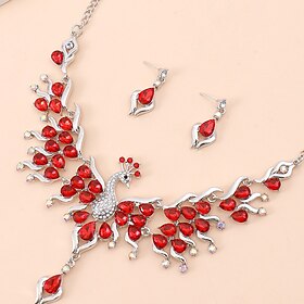 Elegant Red Crystal Peacock Necklace and Earrings Set for Women  Statement Bridal Jewelry, Unique Silver-Tone Design for Weddings and Special Occasions