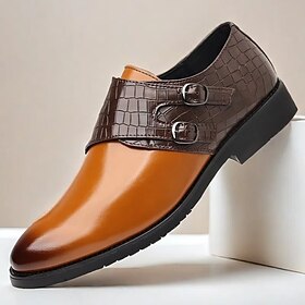 Men's Brown Double-Buckle Dress Shoes - Crocodile Pattern Faux Leather Accent, Formal Style, Perfect for Weddings and Business Attire