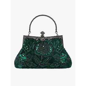 Women's Vintage Green Velvet Handbag with Beaded Floral Embroidery and Metal Frame  Elegant Evening Bag