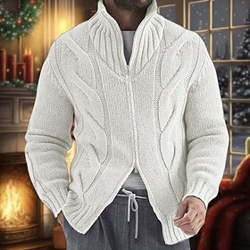 Men's Christmas Sweaters Holiday sweater Cardigan Sweater Zip Sweater Cropped Sweater Cable Knit Regular Tops Knitted Vintage Plain Stand Collar Warm Ups Moder