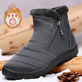 Men's Gray Winter Snow Boots, Fleece-Lined Ankle Boots with Side Zipper, Warm Flat Outdoor Boots with Grip Sole for Walking, Casual Travel Cold Weather