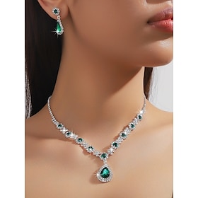 Green Teardrop Crystal Jewelry Set - Necklace and Earrings with Rhinestone Accents for Women, Perfect for Weddings and Formal Events
