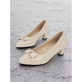 Women's Cream Patent Faux Leather Low Heel Pumps  Elegant Bow Accent Shoes for Office and Formal Wear