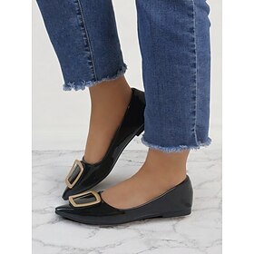 Women's Black Patent Leather Ballet Flats with Stylish Square Buckle  Comfortable Slip-On Dress Shoes for Formal Occasions