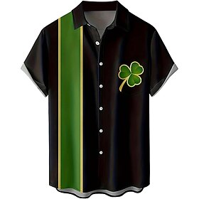 St. Patrick Herre Shamrock Clover Skjorte Bowling skjorte Kortærmet Afslappet St.Patrick's Day Gave Afslappet Forår Efterår Aftæpning Knap op Sort