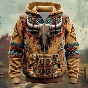 Per uomo Stampa bandana Felpe con cappuccio Moda Quotidiano Manica Lunga Con Cappuccio Abbigliamento casual alla moda Vacanza Marrone Coulisse Cerniera Autunno