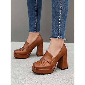 Women's Brown Platform Loafer Heels with Tassel Fringe  Retro Chunky Block High Heel Shoes for Casual and Party Wear