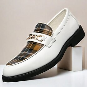 Men's White Loafers with Plaid Pattern and Metal Chain Detail  Stylish Slip-On Dress Shoes for Formal and Casual Occasions