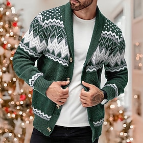 Men's Ugly Christmas Sweater Cardigan Sweater Fair Isle Sweater Knit Sweater Ribbed Knit Regular Tops Button Up Geometric Shawl Collar Fashion Classic Vacation
