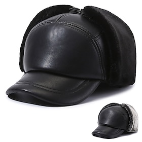 Men's Winter Hats Winter Warm Cap Winter Baseball Cap with Ear Flaps Winter Baseball Cap Black Gray PU Leather Adjustable Fashion Modern Contemporary Daily Wea