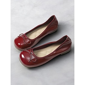 Women's Red Patent Leather Ballet Flats - Classic Round Toe Slip-On Shoes with Bow Detail for Casual and Office Wear