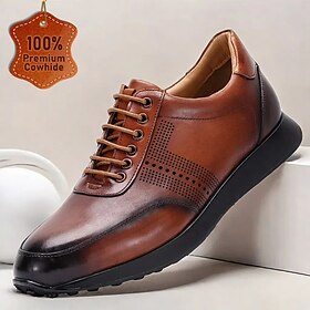Men's Premium Cowhide Leather Oxford Shoes  Perforated Lace-Up Casual Dress Shoes for Business and Formal Events