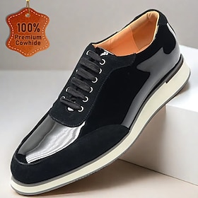 Men's Black Lace-Up Shoes in Patent Leather and Suede with White Sole  Premium Cowhide Dress Shoes for Stylish Casual and Formal Wear