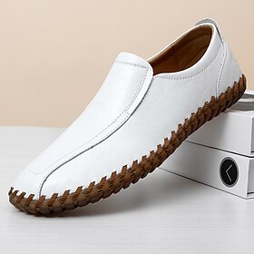 Men's White Faux Leather Slip-On Loafers with Hand-Stitched Sole  Lightweight Casual Shoes for Driving, Walking, and Summer Outfits