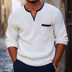 Men's Waffle T-shirt T shirt Waffle Henley Shirt Solid Color Henley Normal Outdoor Home Long Sleeve Pocket Clothing Apparel Traditional / Vintage