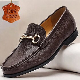 Men's Premium Cowhide Leather Loafers  Classic Slip-On Dress Shoes with Metal Bit Decor for Formal and Casual Wear