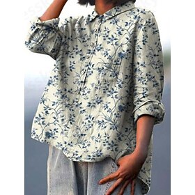 Women's Shirt Linen-Inspired Shirts Button Up Long Sleeve Shirt Collar Yellow Beige Light Blue Spring   Fall
