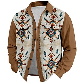 Men's Cowboy Corduroy Shirt Shirt Jacket Overshirt Long Sleeve Vintage Western Style Outdoor Dailywear Casual Fall  Winter Turndown Collared Shirts 3D Print Bu