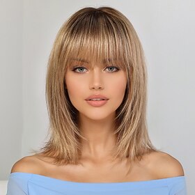 Women's Synthetic Wig Straight With Bangs Short Dark Brown Ombre Brown Ombre Blonde Hair Women's Blonde Brown Wigs for Everyday Use