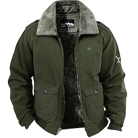 Men's Embroidered Fleece Jacket Cargo Jacket Long Sleeve Military Tactical Thermal Warm Coat Vintage Casual Style Cotton Bomber Jacket with Turn-down Collar kh
