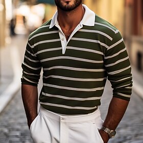Men's Color Block Stripes Rugby Polo Shirts Long Sleeve Polo Shirts Lapel Classic Fashion 3D Print Modern Casual Sports Stripe Fall Winter Green