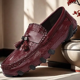 Men's Burgundy Crocodile Pattern Loafers with Tassel Detail and Non-Slip Sole - Luxury Slip-On Shoes for Casual and Formal Wear