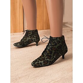 Green Leopard Print Lace-Up Ankle Boots with Kitten Heel  Chic Retro Style Shoes for Women