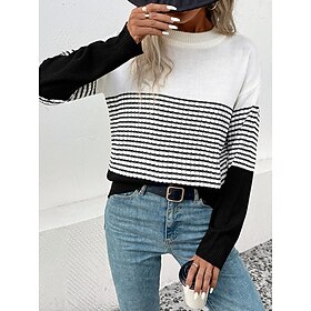Women's Sweater Crew Neck Ribbed Knit Knitted Fall Winter Outdoor Daily Weekend Casual Soft Long Sleeve Striped Black