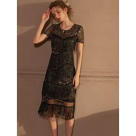 Roaring 20s 1920s Vacation Dress Midi Flapper Dress Dress Short Sleeves The Great Gatsby Gentlewoman Wedding Guest Sequins Tassel Fringe Scoop Neck Fancy Dress