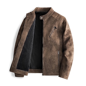 Men's Faux Leather Jacket Fleece Jacket Biker Jacket Vintage Leather Jacket Daily Vacation Windproof Warm Pocket Fall Winter Plain Fashion Classic Stand Colla