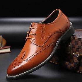Men's Classic Brown Brogue Oxford Dress Shoes  Faux Leather Lace-Up Formal Footwear for Office  Events