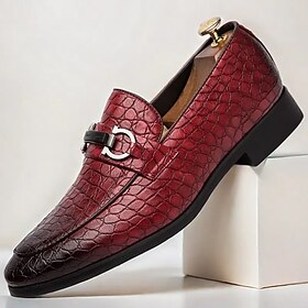 Men's Red Crocodile-Embossed Faux Leather Loafers  Luxury Slip-On Shoes with Sleek Metal Buckle Accent for Formal and Business Wear