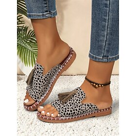 Women's Leopord Slide Sandals with Tassel Detail, Casual Faux Leather Slip-On Shoes for Summer Beach and Everyday Wear