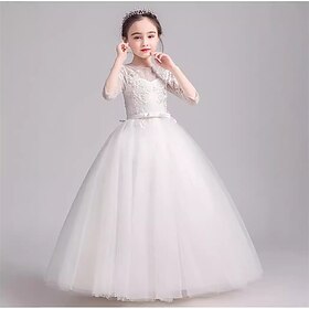 Flower Girl Dress Kid's Girls' Princess Dress Performance Wedding Party Elegant Beautiful Mesh Solid Color 3/4 Length Sleeve Crew Neck White 4 years