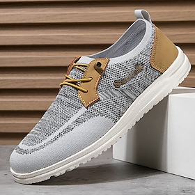 Men's Grey Knit Sport Shoes with Leather Accents and Lace-Up Design  Comfortable Casual  Outdoor Footwear