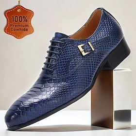 Men's Premium Cowhide Leather Dress Shoes with Snakeskin Texture, Lace-Up Design and Buckle Detail, Stylish Formal Shoes for Business, Weddings, and Special Oc