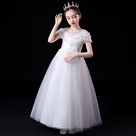 Flower Girl Dress Kid's Girls' Princess Dress Performance Wedding Party Elegant Beautiful Mesh Solid Color Sleeveless Crew Neck White 4 years