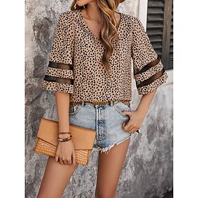 Women's Shirt Blouse Casual Mesh Print Half Sleeve Regular Tops V Neck Daily Khaki Spring   Fall