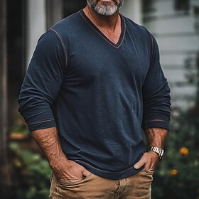 Men's T shirt Long Sleeve Shirt Long Sleeve Solid Color Vintage Contrast Stitching V Neck Outdoor Causal Casual Spring Fall Spring   Fall Blue Henley T-Shirt