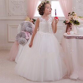 Flower Girl Dress Kid's Girls' Princess Dress Performance Wedding Party Elegant Beautiful Mesh Solid Color Sleeveless Crew Neck White 4 years