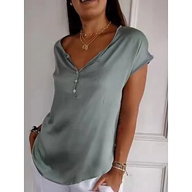Women's T Shirt Daily Short Sleeve Regular Tops V Neck Going out Light Brown Green Gray Summer