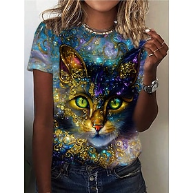 Women's T Shirt Print Cat Casual Short Sleeve Round Neck Regular Tops Daily Blue Summer Spring