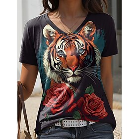 Women's T Shirt Casual Print Short Sleeve Regular Tops V Neck Daily Black Summer