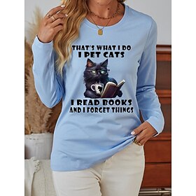 Women's 100% Cotton T Shirt Casual Cat Letter Regular Tops Long Sleeve Round Neck Print Regular Fit Daily Weekend Blue Beige Gray Fall Winter