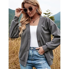 Women's Sweatshirt Casual Plain Street Dailywear Casual V Neck Buttons Long Sleeve Gray Fall  Winter