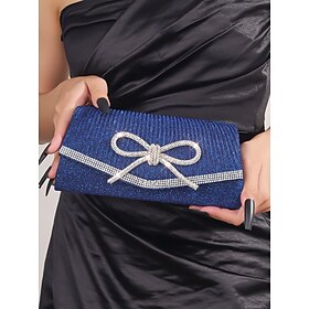 Blue Glitter Clutch Purse with Rhinestone Bow Accent, Elegant Evening Bag for Women, Perfect for Weddings, Parties, and Formal Events Silver Black Blue