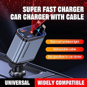 Starlight Retractable Car Charger Super Speed USB Car Phone Charger with Dynamic Lights Dual Retractable Cable